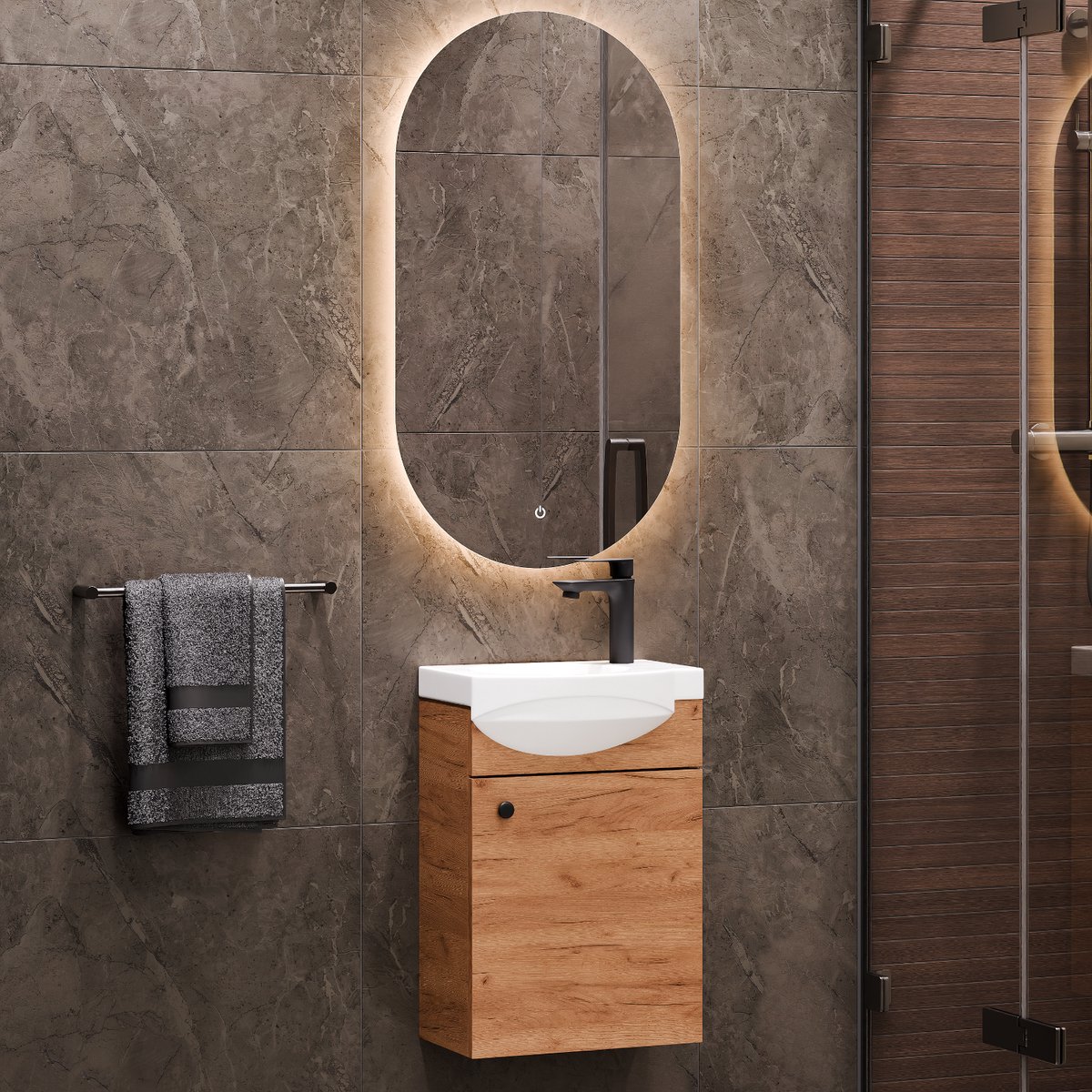 Planetmöbel - Badkamermeubelset 40 cm - Gold eiken - 3-delig - Met spiege