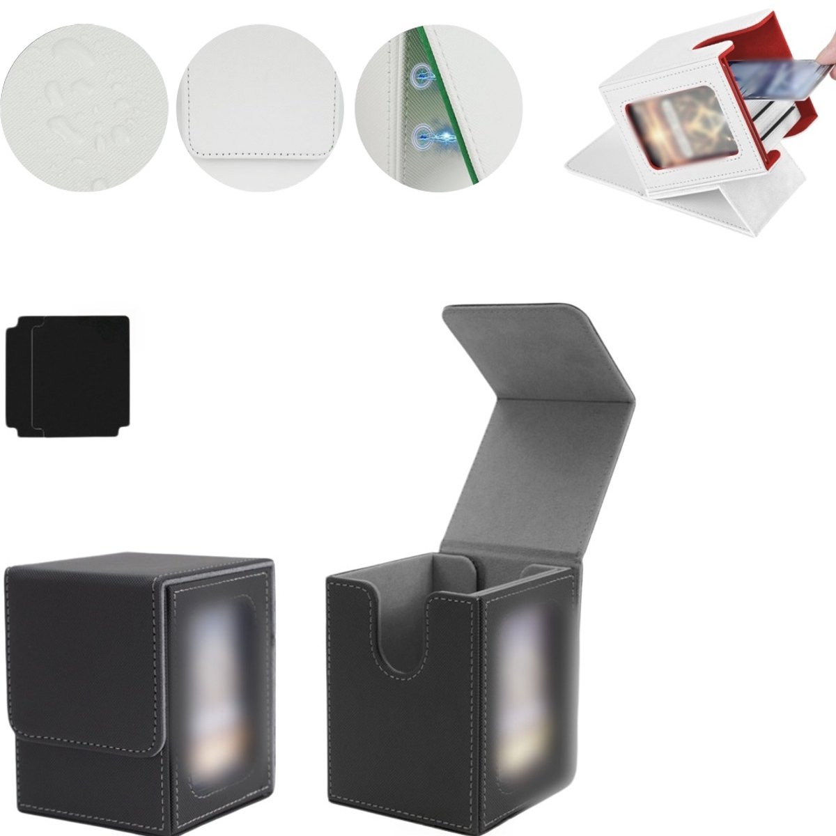 Kaartenopbergdoos – Magnetische TCG-displaydoos – Geschikt voor 100 kaarten met dubbele sleeves – Verticale deckbox van PU-leer – Verzameldoos met kijkvenster – 8,5 x 9,5 x 11,2 cm