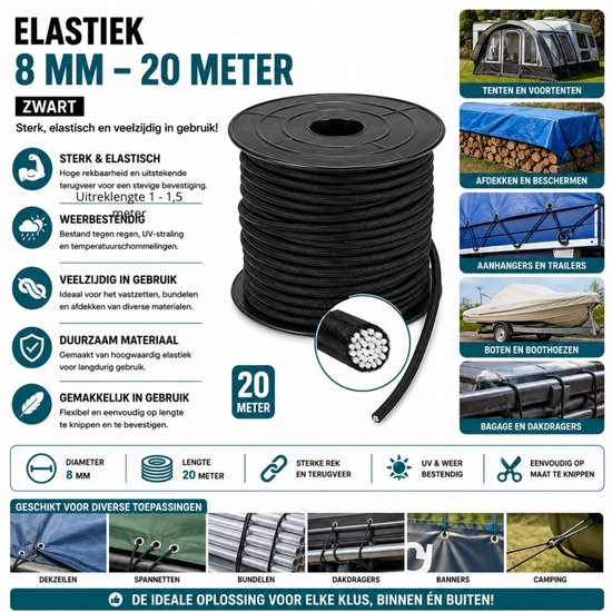 Elastiek voor aanhangwagen - aanhangernet koord - 20 meter 8 mm - zwart — afbeelding 2