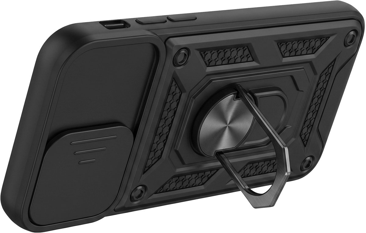 Mayaxess, Hoesje Geschikt voor Apple iPhone 11 met Schuifbare Cameraprotectie en Magnetische Ring, Zwart