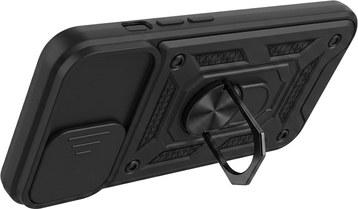 Mayaxess, Hoesje Geschikt voor Apple iPhone 16e met Schuifbare Cameraprotectie en Magnetische Ring, Zwart