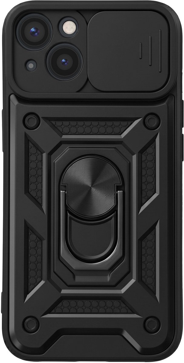 Mayaxess, Hoesje Geschikt voor Apple iPhone 13 met Schuifbare Cameraprotectie en Magnetische Ring, Zwart