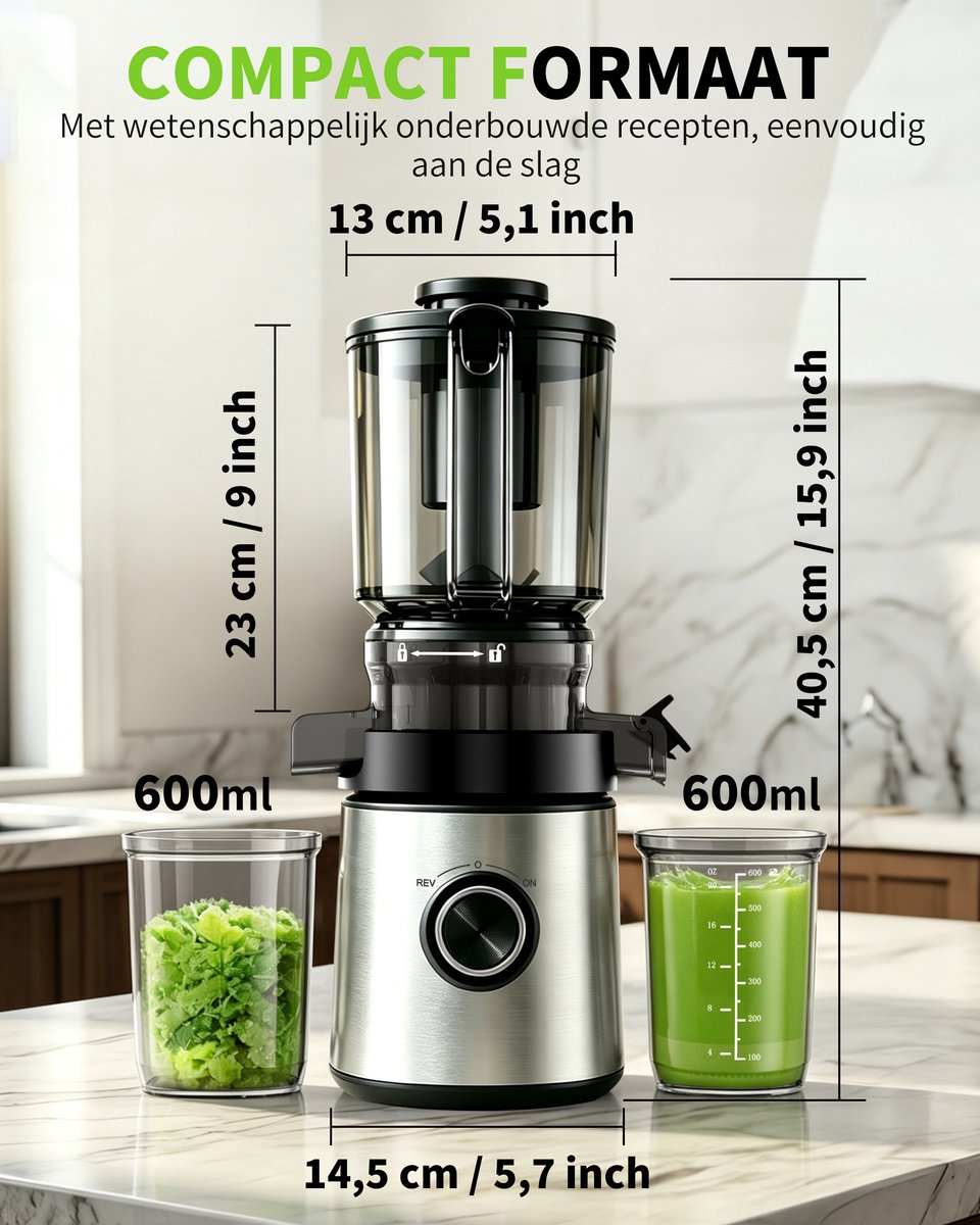 Slowjuicer - 2 liter inhoud - Brede vulopening van 130 mm thumbnail 5