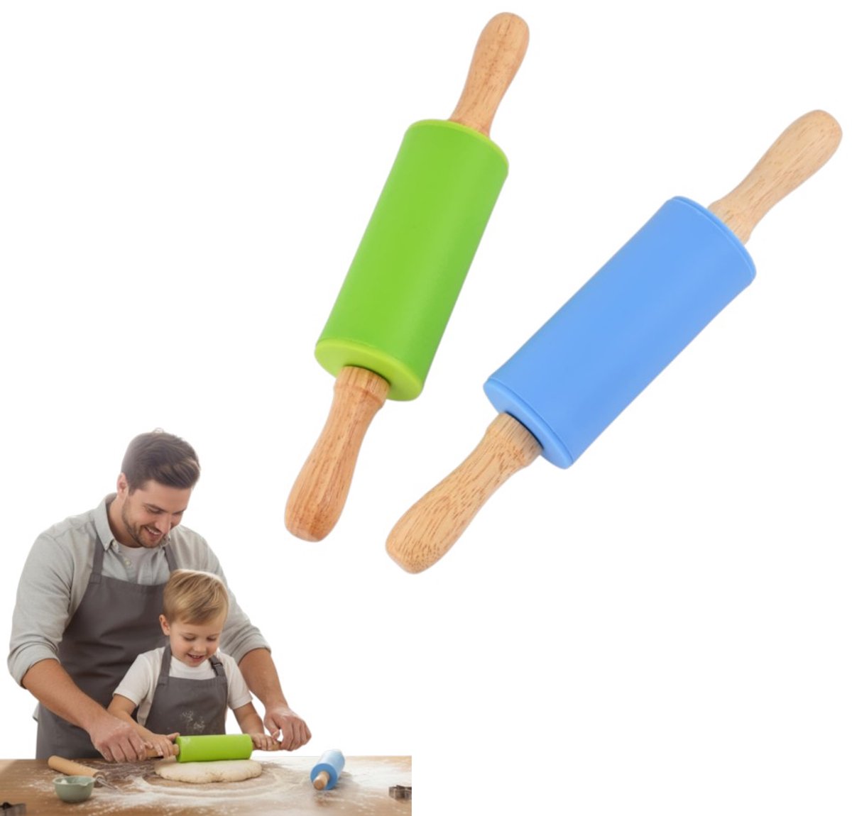 2 stuks - Groene en blauwe mini siliconen deegrollers - Deegrollers voor thuisgebruik - Speciaal voor bakken - Geschikt voor pizza, gebak, fondant, enz. - 23*4,5 cm