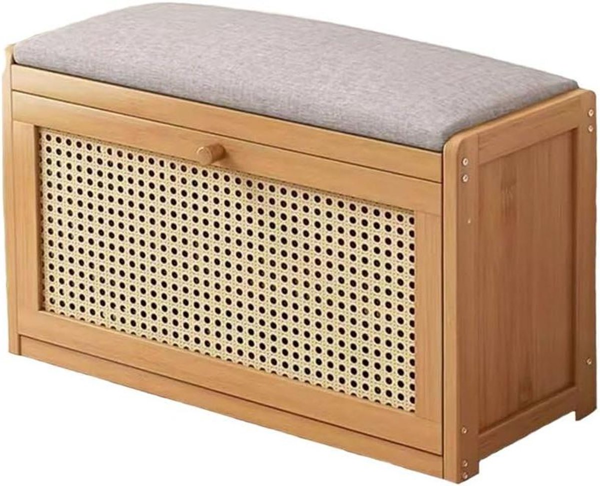 Schoenenbank met lade - Opbergbank schoenen - Hal inrichten - Rotan deuren - 50 cm - Natuurlijk