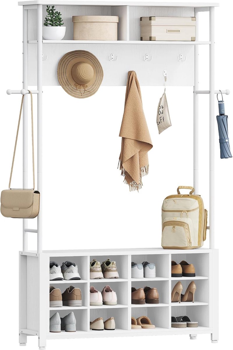 Hzuaneri Kapstok met schoenenbank, 13 haken, wit, Garderobe, 14 open vakken, verstelbare planken, kledingrek voor hal, entree, 31 x 110 x 187 cm