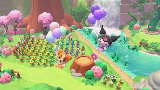 Twee Sanrio-personages, Kuromi en een bruin-wit hondje, zweven met paarse en roze ballonnen boven een bloemenveld en een beekje.
