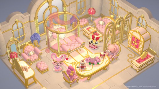 Een roze en gouden slaapkamer met bed, bank en stoelen, bewoond door Sanrio-personages.