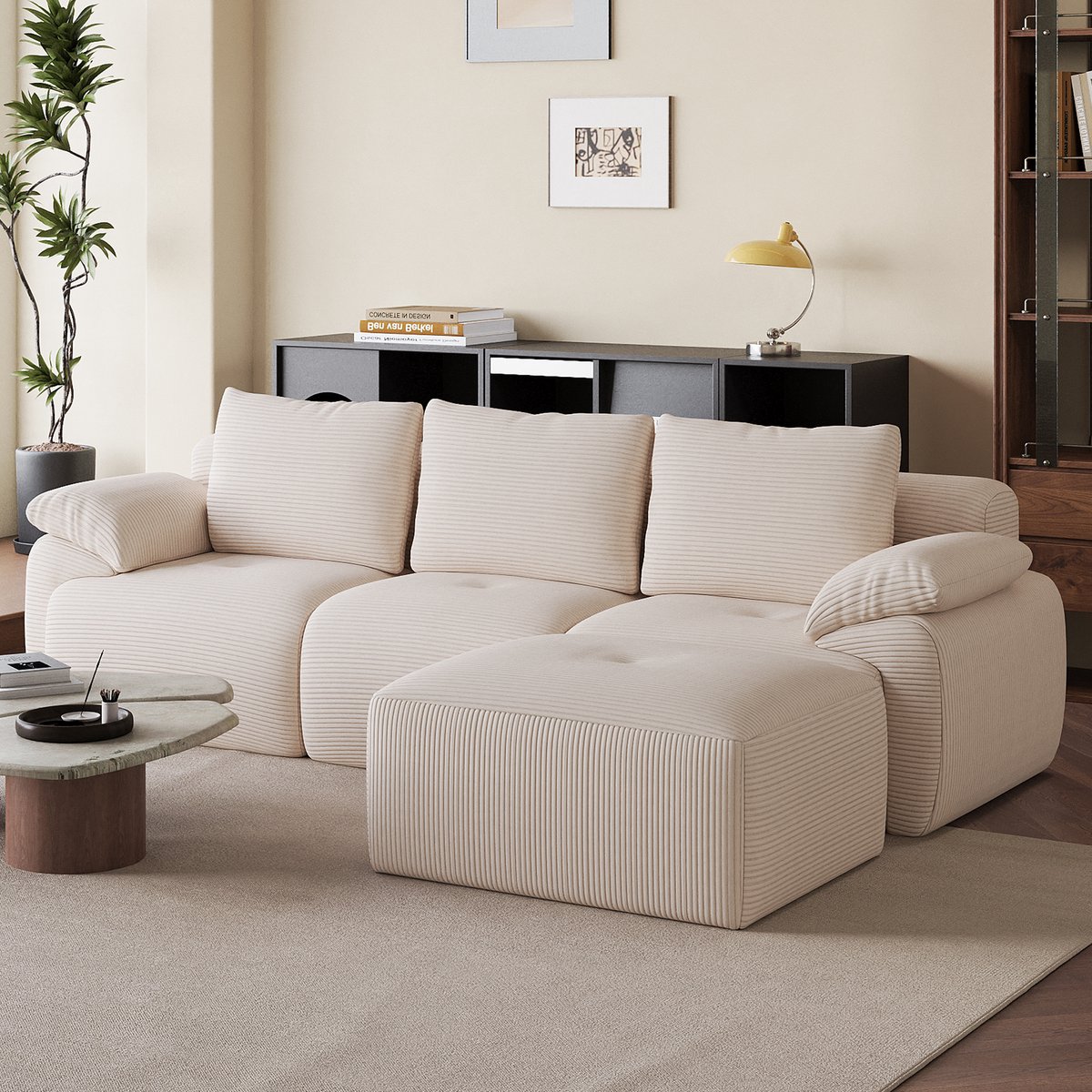 Moderne modulaire bank, L-vormige hoekbank met chaise longue en slaapfunctie, modulaire bank van corduroy, 264 x 161 x 71 cm, compacte bank voor de woonkamer, corduroy stof, beige