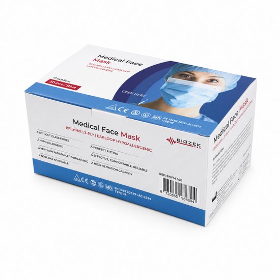 Doos met 50 blauwe medische mondmaskers. Op de doos staat een afbeelding van een vrouw met een medisch mondmasker. "Medical Face Mask", "BIOZEK" en "50 pcs / Blue" zijn zichtbaar.