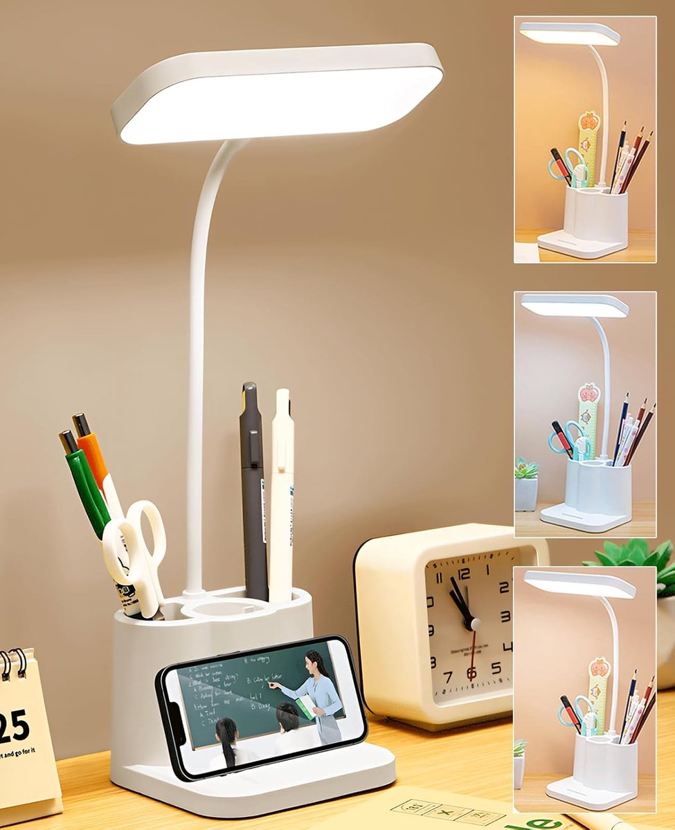 LISM-Bureaulamp, studielamp, kantoorlamp, aanraakbediening voor kleurtemperatuur en helderheid, oogvriendelijke lamp, 360° draaibaar, kan worden aangesloten op batterijen of netstroom.