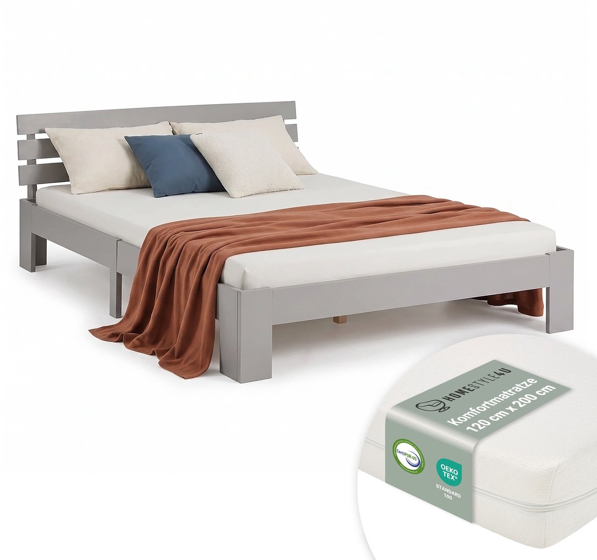 Homestyle4u Twijfelaarbedden - 120x200 cm - Houten bed - met matras en lattenbodem - Grijs