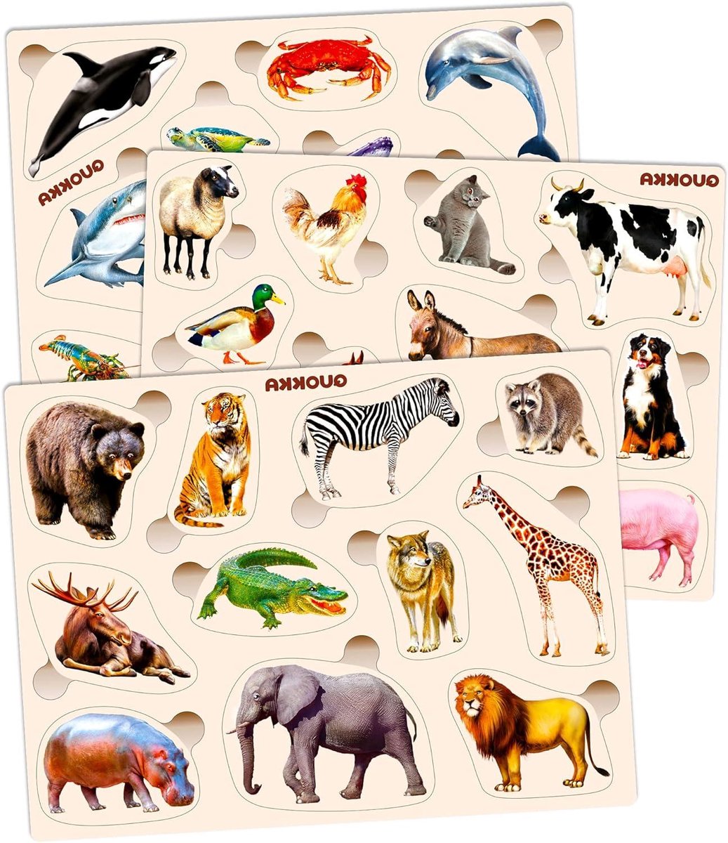 Houten Puzzels - Educatief Speelgoed - Vroege Ontwikkeling - Veilig Bedrukt Hout - 3 Stuks - Dieren