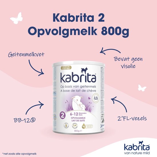 Kabrita 2 opvolgmelk, 800g blik op basis van geitenmelk met illustratie van geit met lammetje.