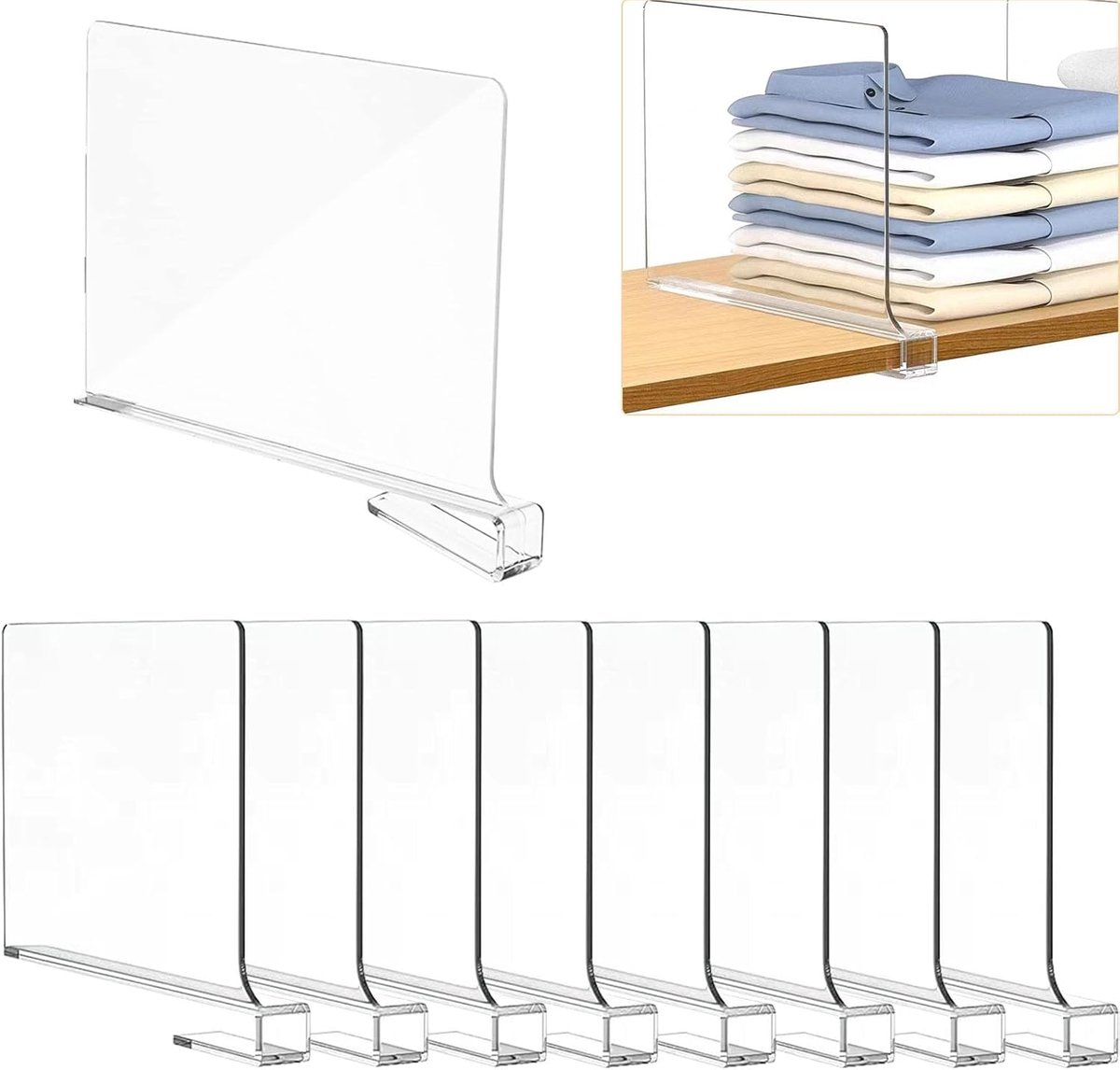 8 stuks transparante acryl plankverdeler, multifunctionele plankverdeler, 30 x 20 cm, kledingkast, scheider voor slaapkamer, keuken, kasten en organisatie