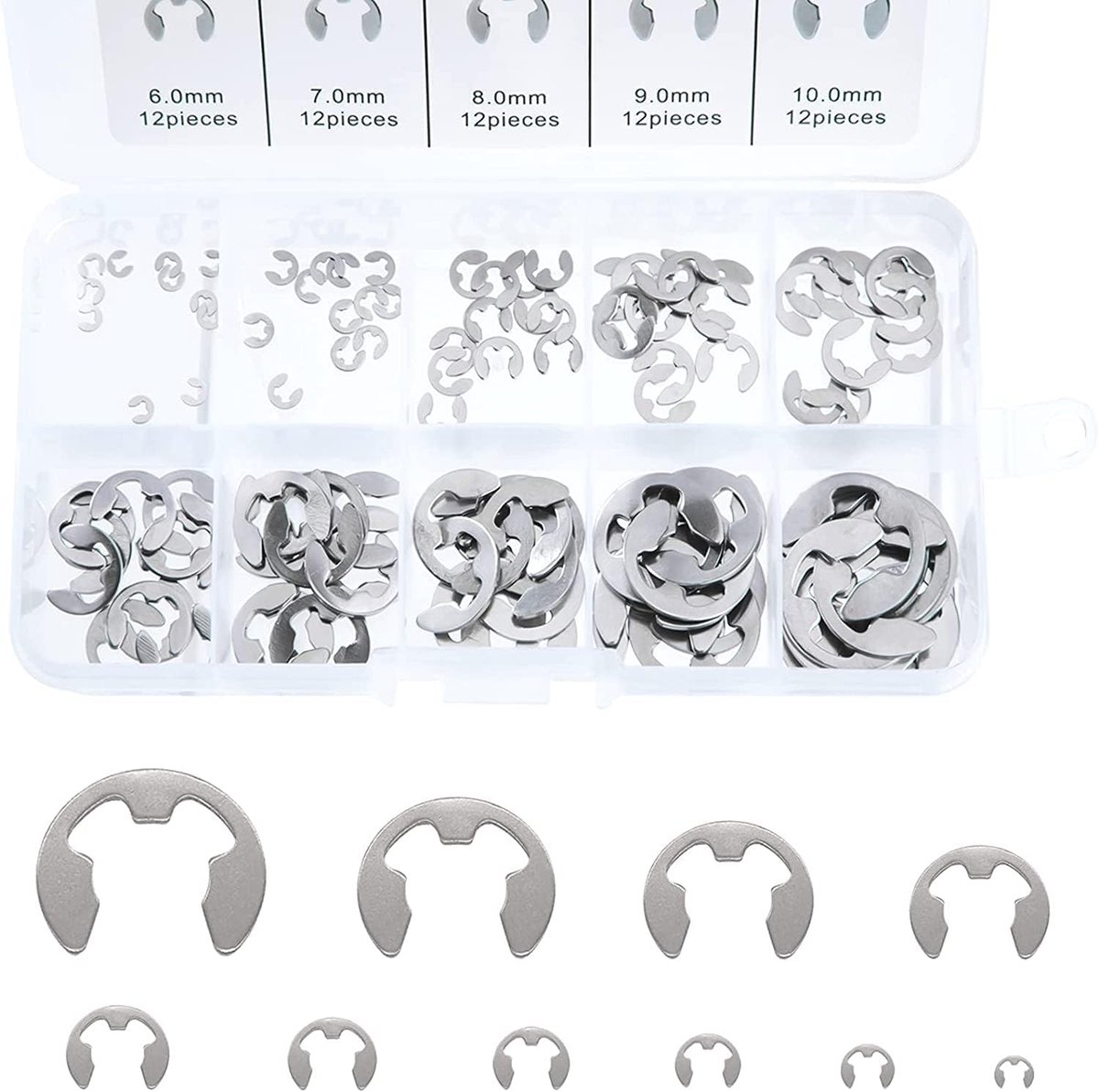E-clip, zekeringsringen, borgring, interne borgring, 120 stuks E-clips, zekeringsring, assortiment, borgringen, golven, E-clip, externe bevestiging (roestvrij staal)