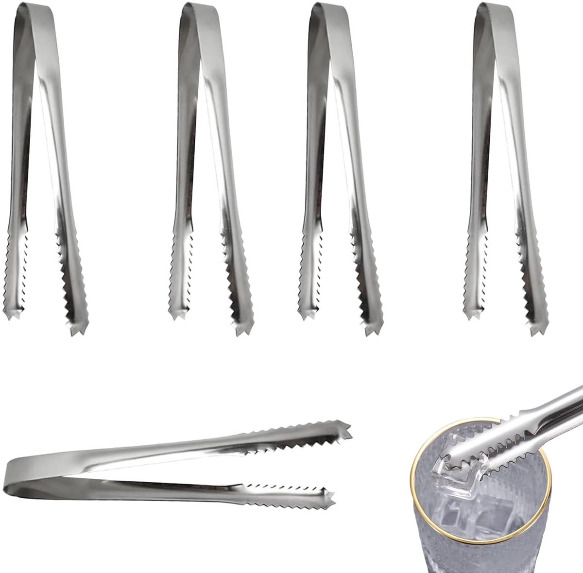 5 stuks roestvrijstalen voedseltang, mini-kooktang, ijsblokjestang, roestvrijstalen mini-tang, gevormde kleine ijstang om te serveren, voor levensmiddelen, snoep, brood, cake