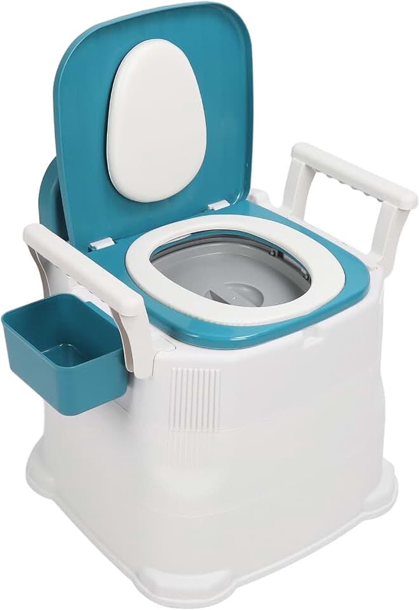 Nachtkasttoilet voor ouderen met beperkte mobiliteit, draagbaar hurktoilet met antislip pad voor slaapkamer, afneembare armleuningen, PU-leer, dubbellaagse geur verzegeld, blauw