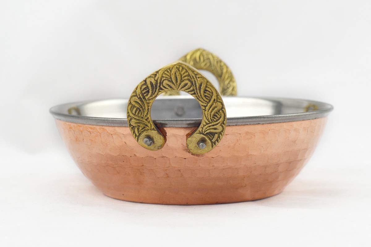 Indiase voedselschaal met handgrepen, karahi-schaal, gehamerd roestvrij staal koperen hoefijzer handgrepen, Indiaas servies, 15 x 5,5 cm