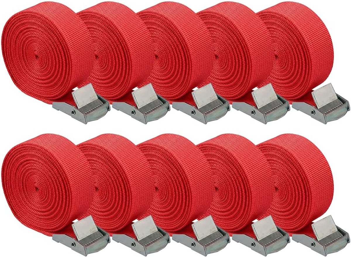Spanbanden met klemslot, 2,5 m x 2,5 cm, 10 stuks sjorbanden met ratel, verstelbare bevestigingsriemen, voor auto, motorfiets, fiets, steekwagen, bagage, camping (rood, 10 stuks)