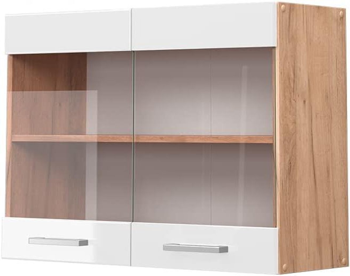 Glazen keukenkast - Hangend servieskast - Keuken opbergen - Hoogglans design - 80 cm breed - Wit goud