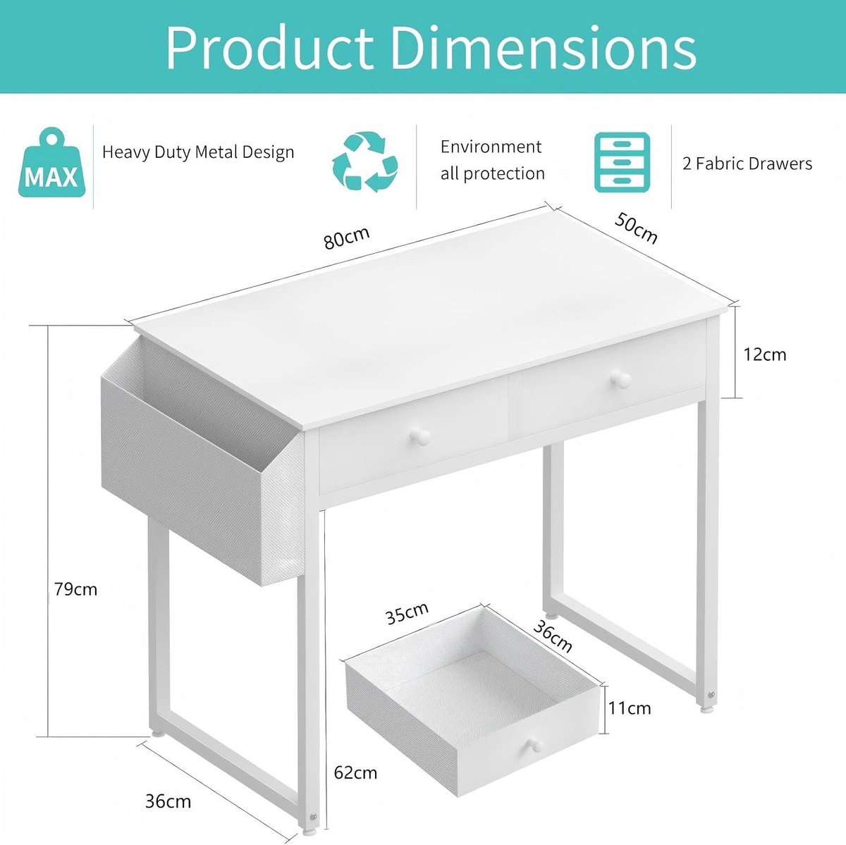 Computerbureau met laden - Schrijftafel thuis - Thuiswerken Organiseren - Compact ontwerp - 80 cm breed - Wit thumbnail 6