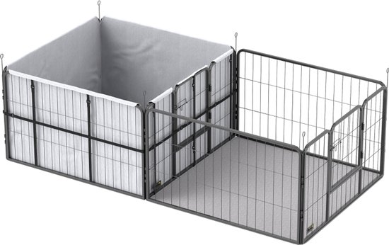 Zwarte metalen puppy ren met grijze binnenkant. De ren heeft twee zones en een metalen frame.