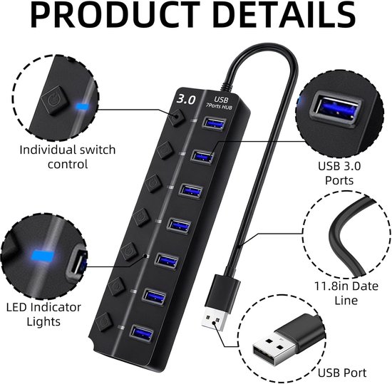 USB 3.0 Hub met 7 Poorten en 5 Gbps Snelheid van Merkloos — afbeelding 5