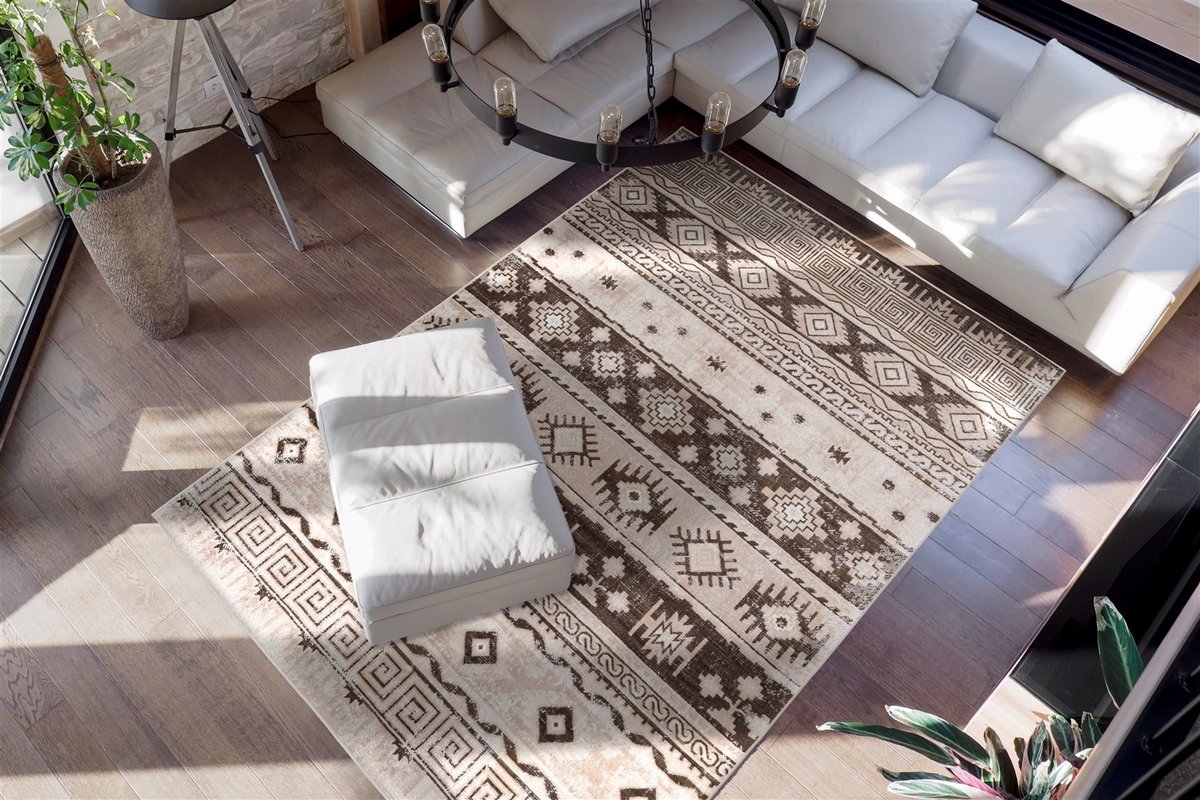 Padiro laagpolig vloerkleed 120 x 170 cm - taupe - etnisch vintage look - geschikt voor vloerverwarming - van polypropyleen