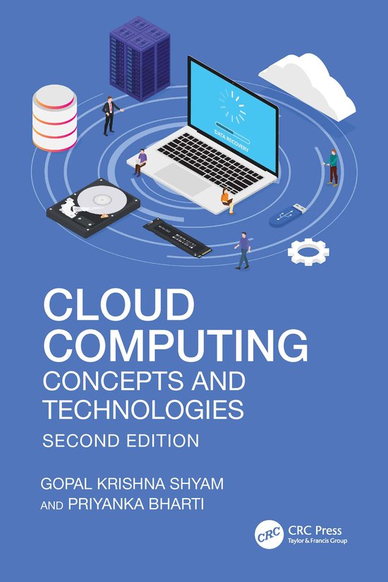 Boek "Cloud Computing: Concepts and Technologies", tweede editie. Illustratie met laptop, harde schijf, NVMe SSD en servers.