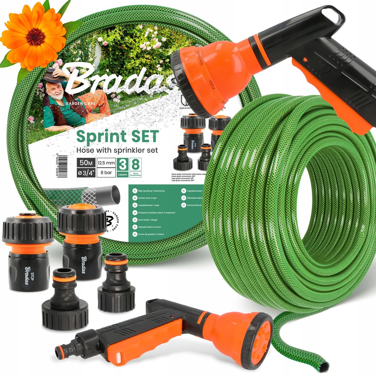 Tuinwaterslang 3/4" 50m met 7-functie spuit en koppelingen