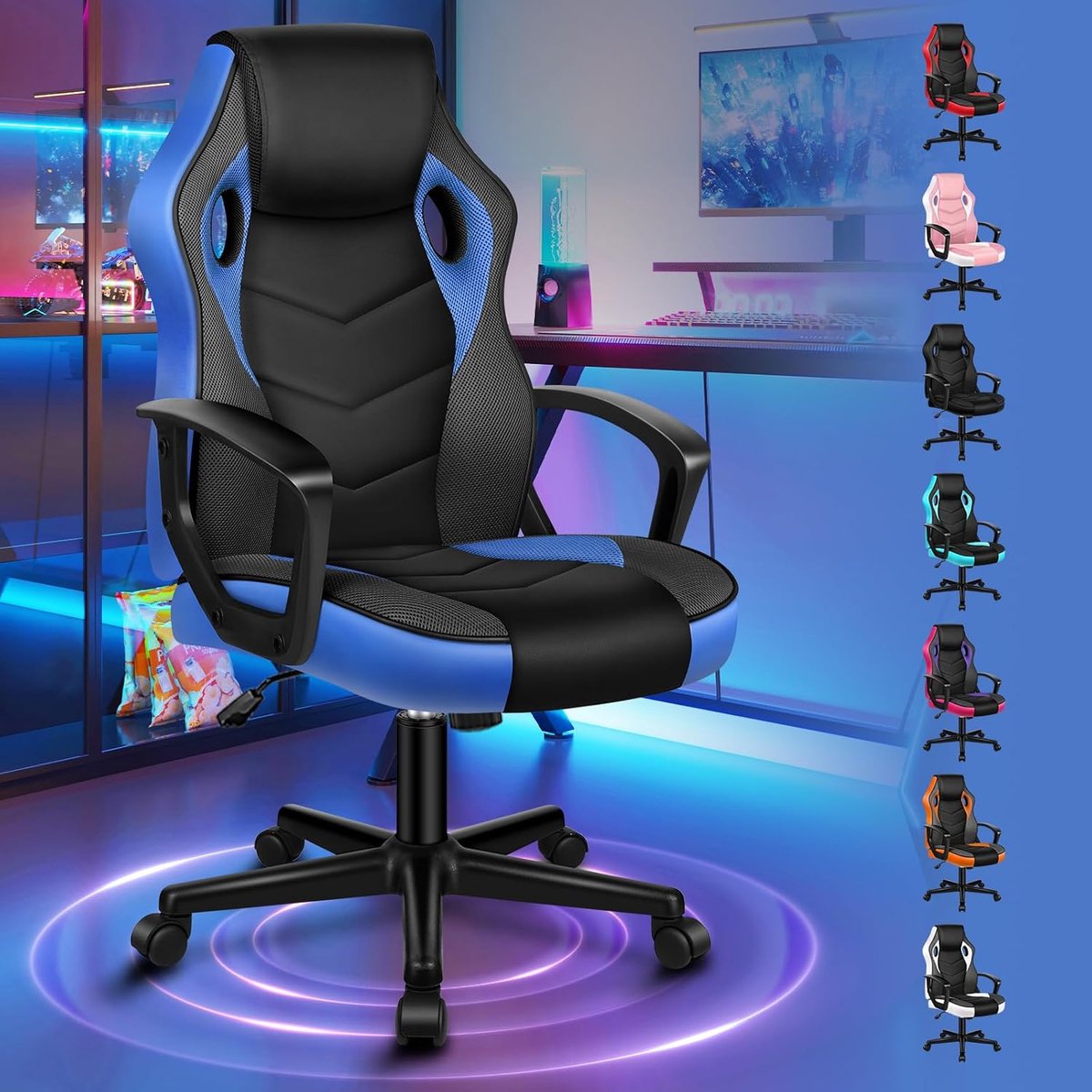 Gamingstoel, PC-computer racestoel, ergonomische draaibare bureaustoel met wielen, gemaakt van PU-leer en stof, blauw