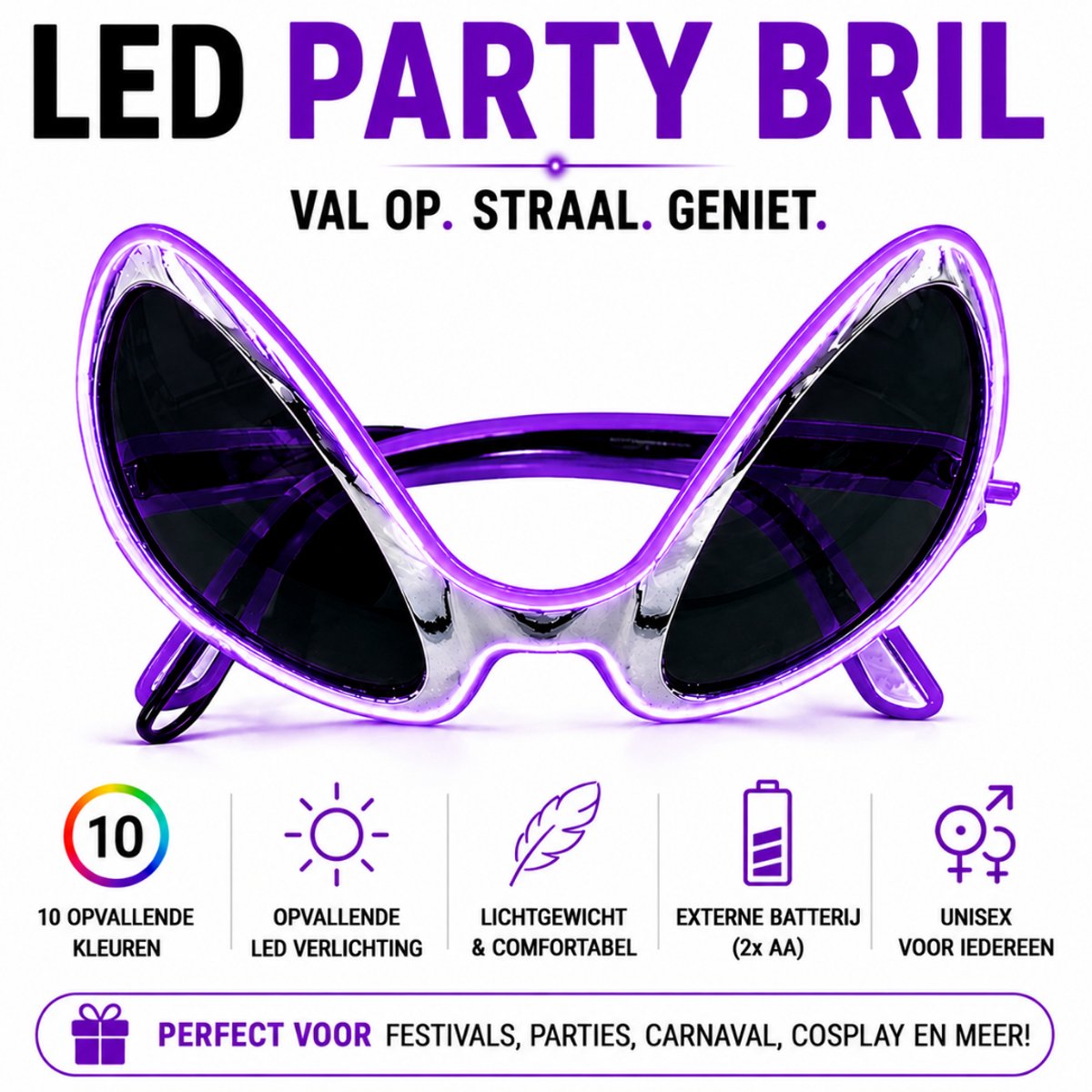 GlowAlien LED Bril – Festival & Party Bril – Koningsdag & Carnaval – Paars Licht – 3 Lichtmodi