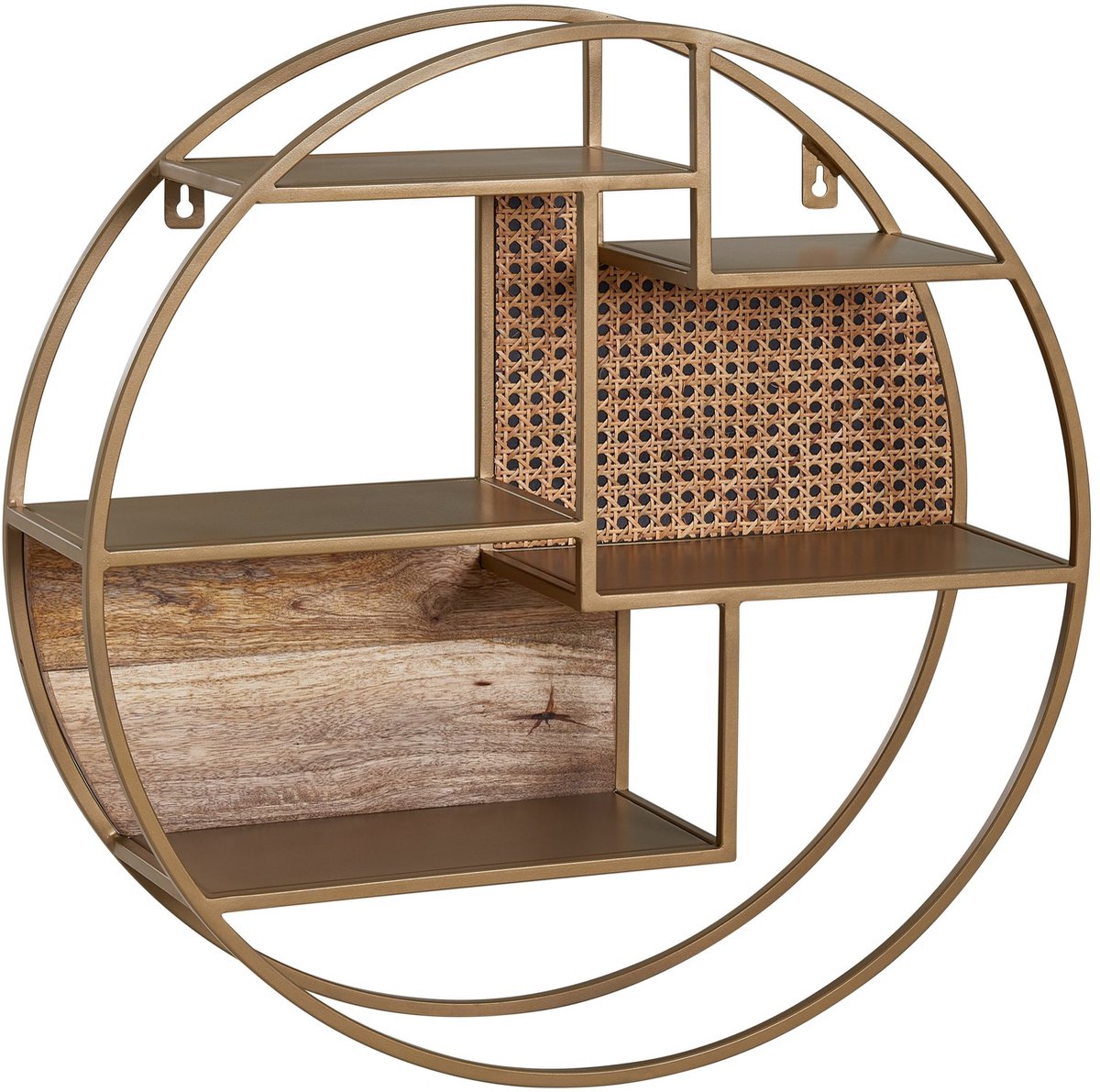 Ervesto Wandplank Rotan 62x62x17 Cm - Industrieel Hangrek - Massief Hout En Metaal - 5 Open Vakken - Handgemaakt Design