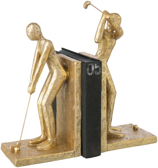 Gouden boekensteunen met golfspelers, een centraal zwart boek met nummer 05 en een getextureerde afwerking.