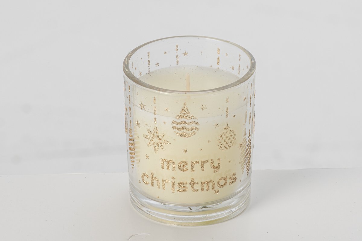 J-Line Kaars Merry Christmas - glas - transparant/goud - set van 2