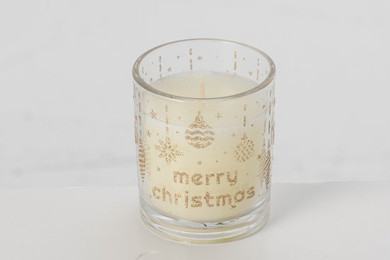 Kaars in glas versierd met gouden glitters in de vorm van kerstballen, sterren en de tekst 'merry christmas'.