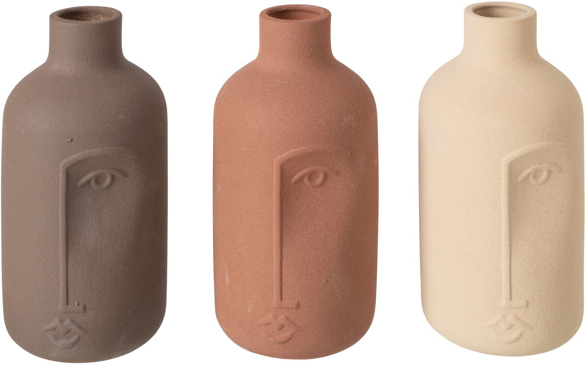 J-Line vaas Gezicht - porselein - ecru/bruin - large - 3 stuks