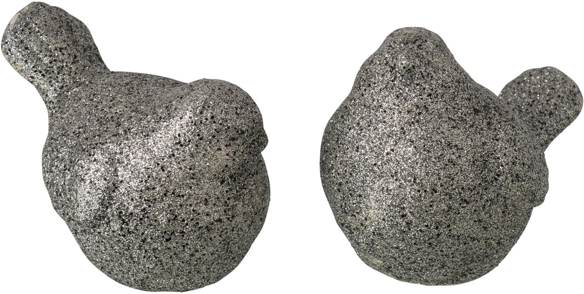 J-Line decoratie Vogel Glitter - porselein - zilver - small - 2 stuks