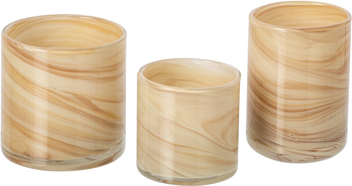 J-Line theelichthouder Marmer - glas - lichtbeige - 3 stuks