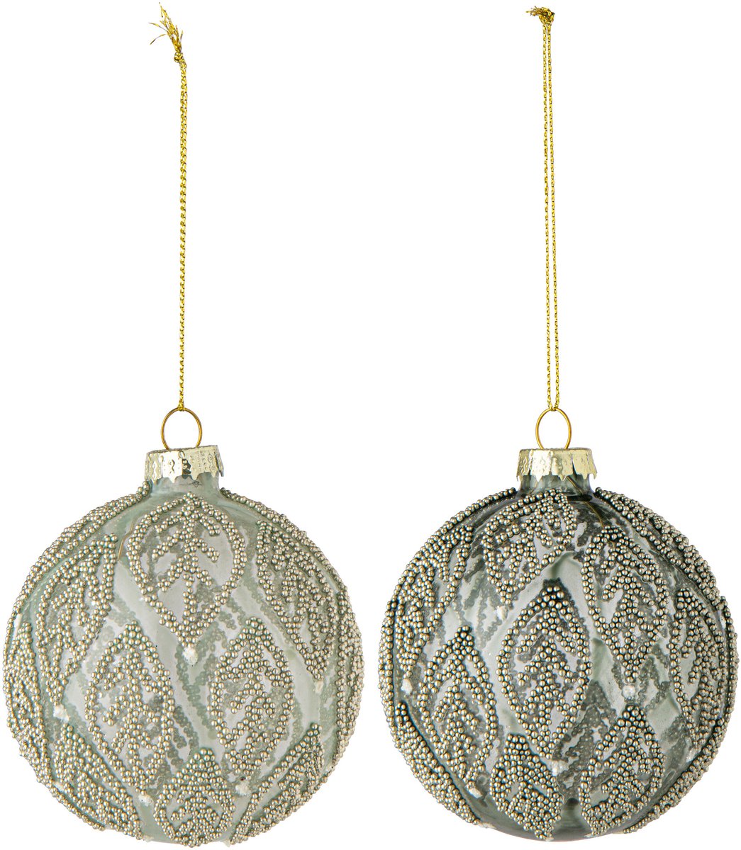 J-Line Kerstbal met bladeren - glas - mintgroen/donkergroen - assortiment van 2