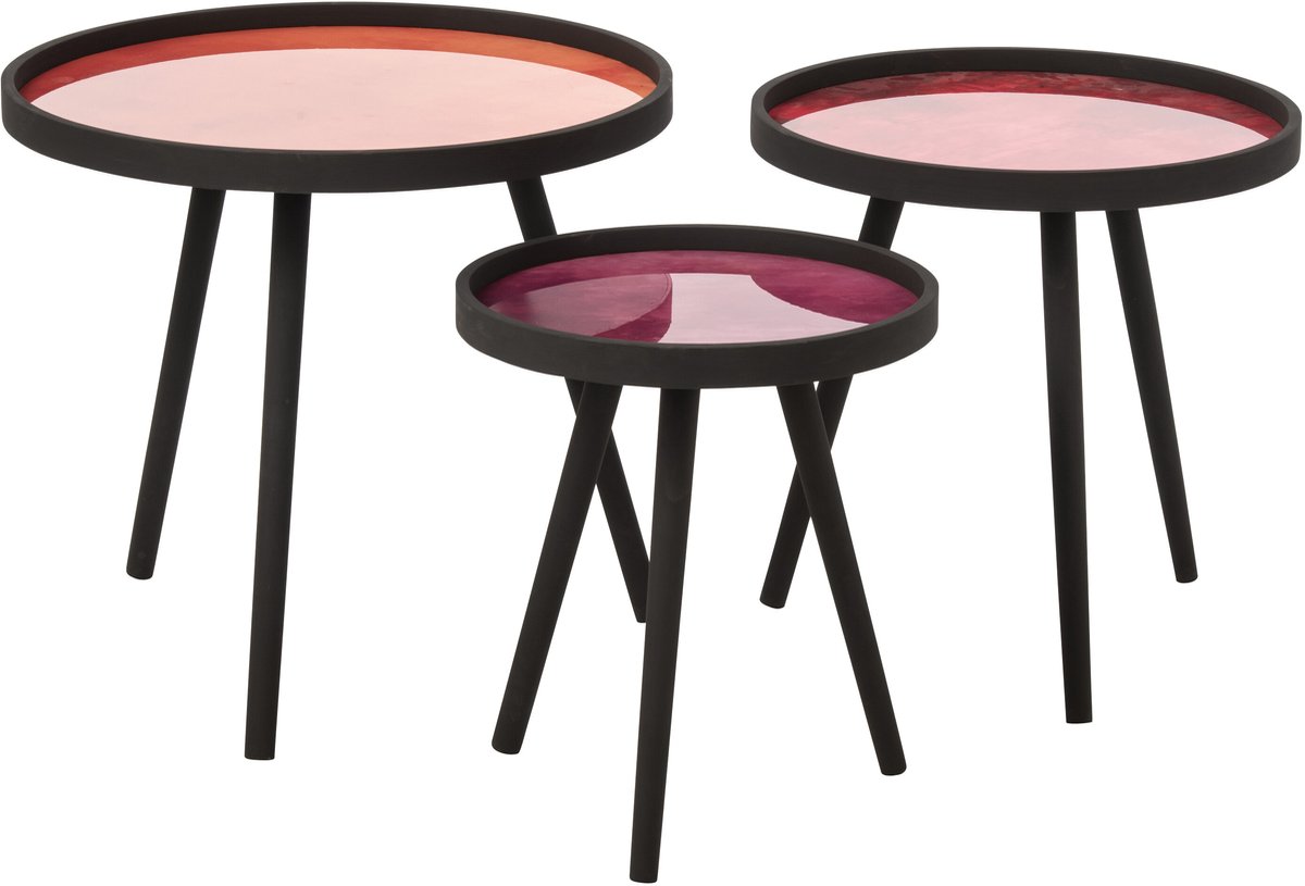 J-Line salontafel rond - rubberhout - multikleur/zwart - set van 3
