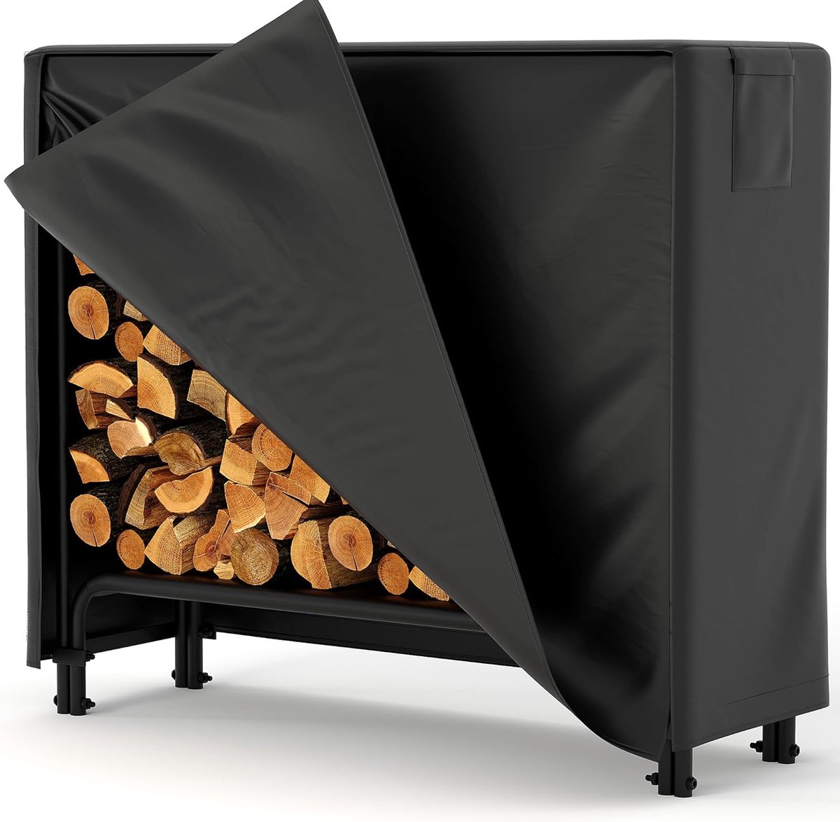 Brandhoutrek met Waterdichte Hoes - 122 x 34 x 110 cm – Metalen Houthouder voor Buiten – Brandhout Opslagrek met Volledige Beschermhoes – Draagvermogen tot 180 kg
