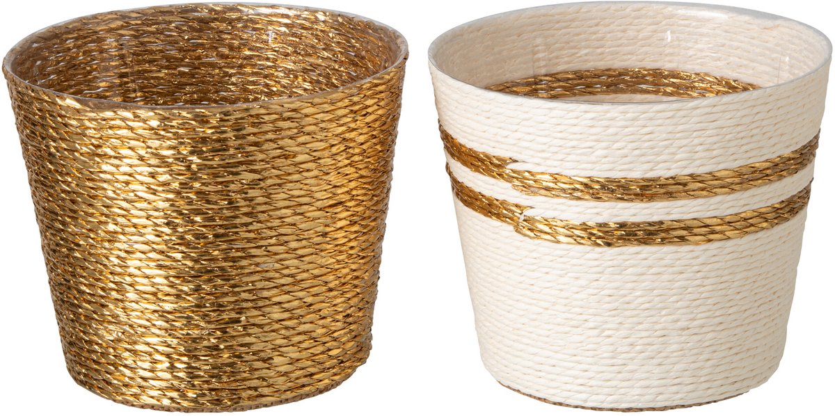 J-Line Gestreepte bloempot - papier - wit/goud - small - assortiment van 2