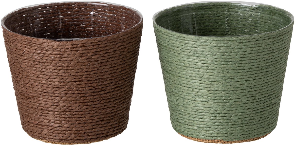 J-Line Bloempot - papier - donkergroen/donkerbruin - extra small - assortiment van 2
