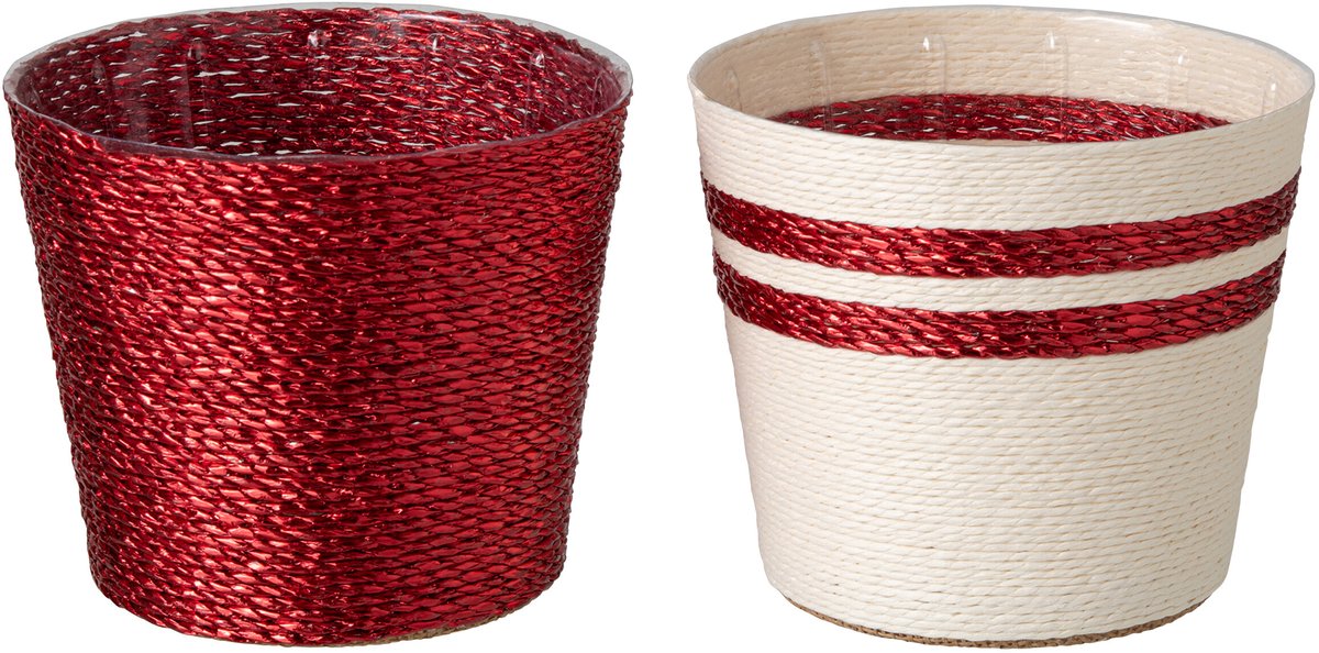 J-Line Gestreepte bloempot - papier - wit/rood - large - assortiment van 2