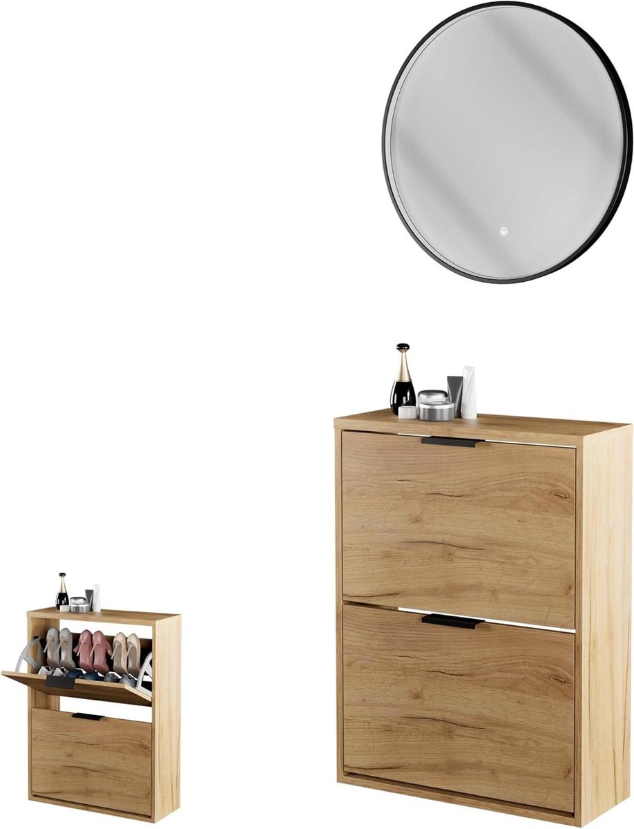 Schoenenkast met spiegel - Schoenenopberger - Hal Organiseren - Inclusief verlichting - 60 cm breed - Goud eiken