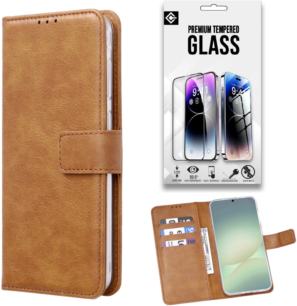 Casemania Hoesje en Glas Geschikt voor OPPO Reno16 F 5G - Bruin - Portemonnee Book Case met Pasjeshouder - Wallet Telefoonhoesje + 1x Gehard Glazen Screenprotector