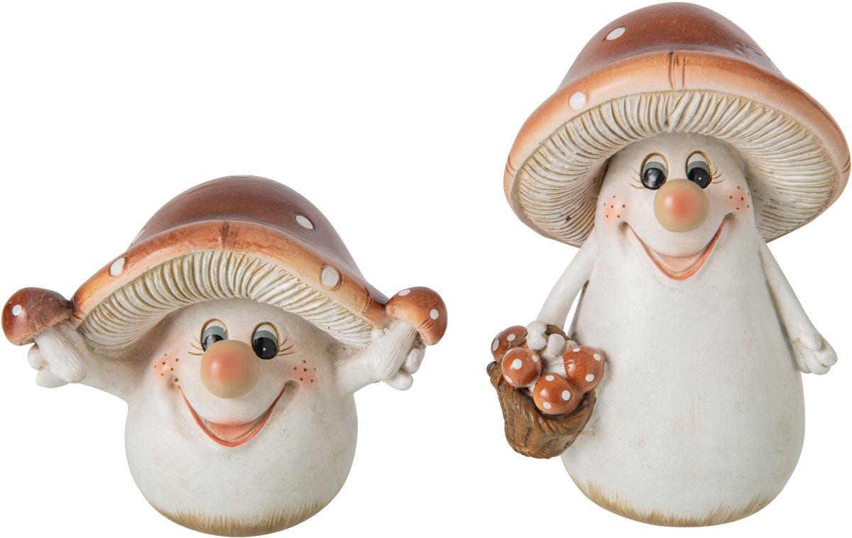 J-Line decoratie Paddenstoel - polyresin - bruin/wit - large - 2 stuks