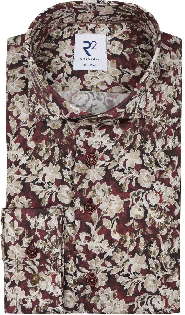 R2 Poplin Overhemd Print Bordeaux - Maat 46 - Heren - Overhemden Formeel
